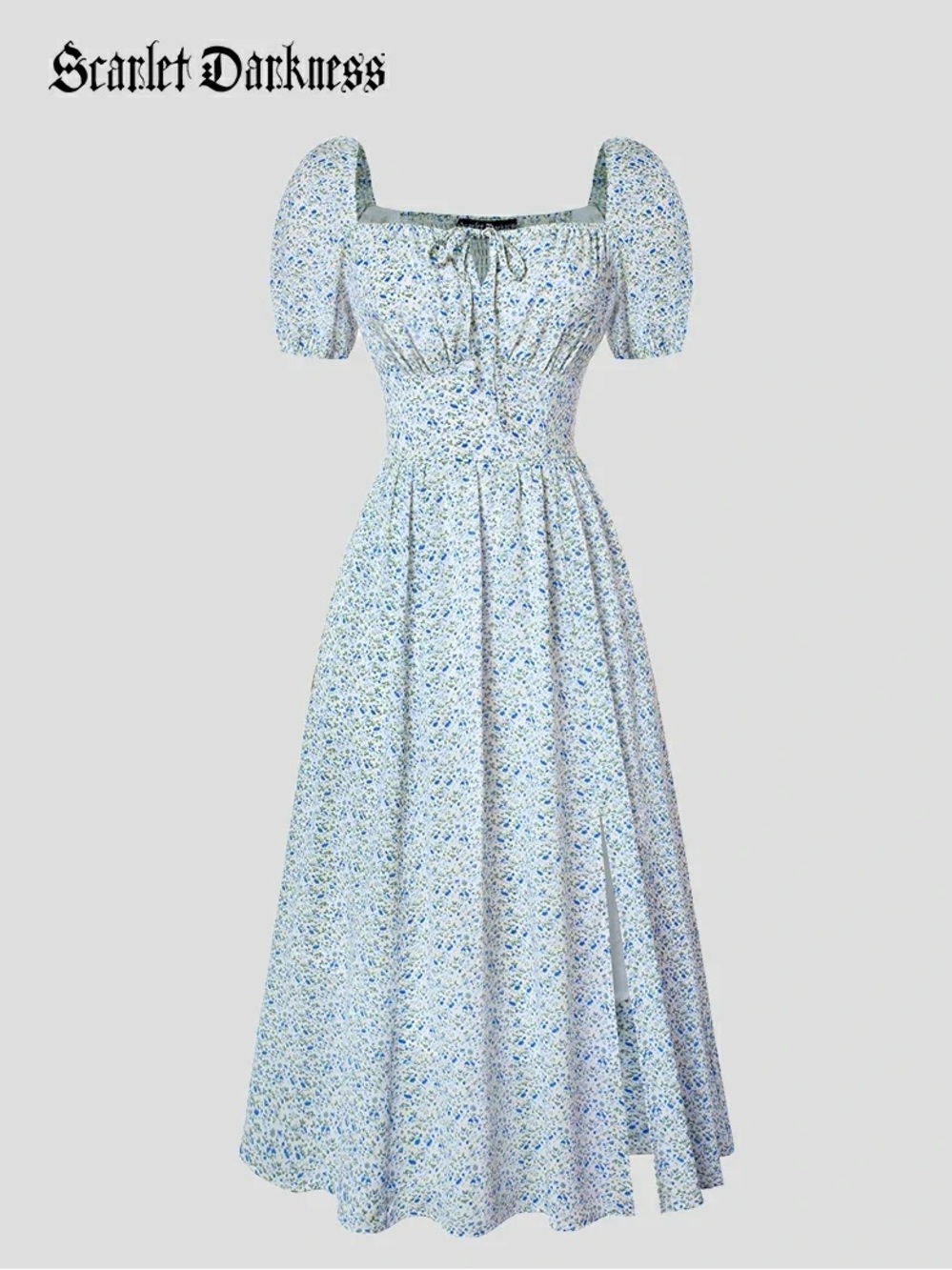 Scarlet Darkness Light Blue Floral Dress with Puff Sleeves